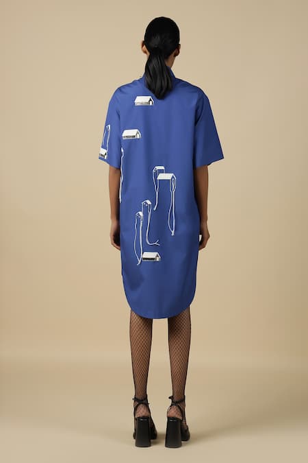 Shop Shahin Mannan Blue Cotton, Poplin Embroidery Collared Tiny House Flap Shirt Dress at Aza Fashions Shop_Shahin Mannan_Blue Cotton, Poplin Embroidery Collared Tiny House Flap Shirt Dress _at_Aza_Fashions