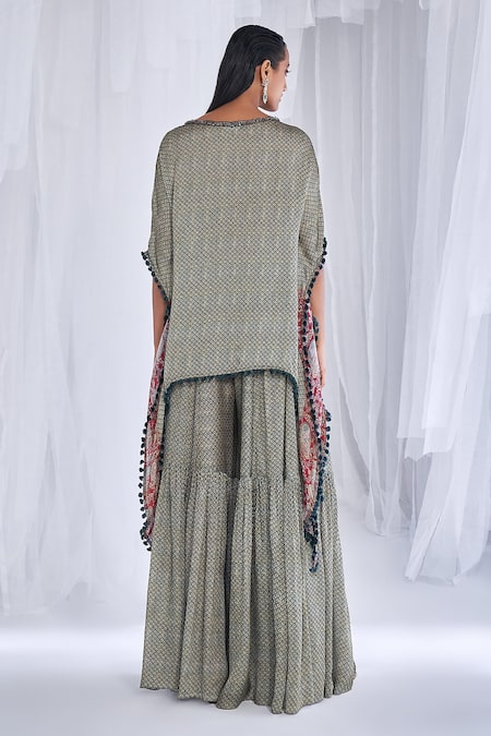 Shop Dolly J Grey Chiffon Beads, Cut Work Dew Drop Flower Motif Print Kaftan With Sharara at Aza Fashions Shop_Dolly J_Grey Chiffon Beads, Cut Work Dew Drop Flower Motif Print Kaftan With Sharara _at_Aza_Fashions