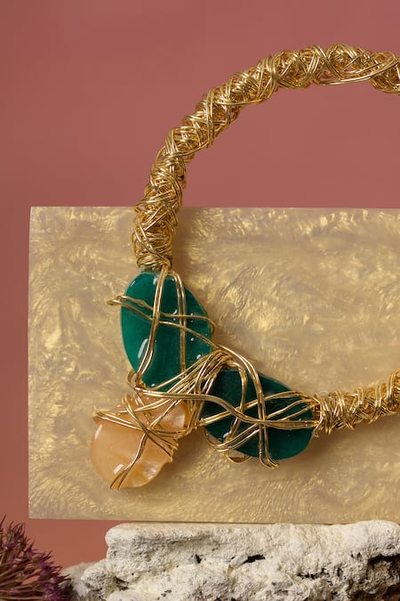 Shop Be Chic Gold Stones Encrusted Box Clutch at Aza Fashions Shop_Be Chic_Gold Stones Encrusted Box Clutch _at_Aza_Fashions