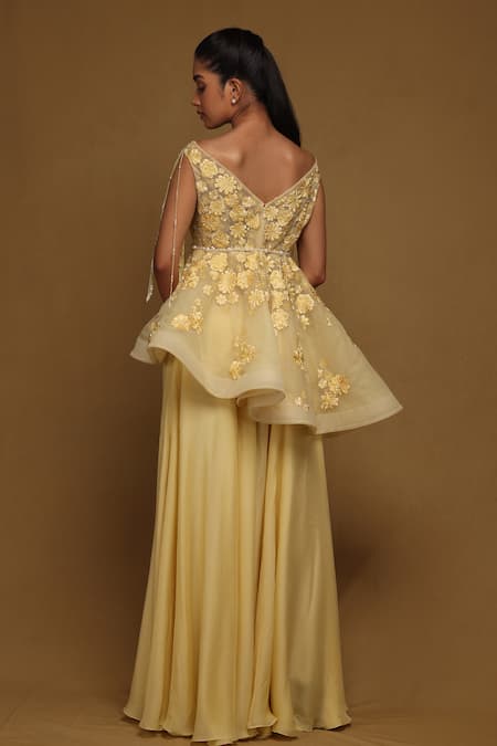 Shop_Shriya Som_Yellow Tulle Embroidery Floral Boat Neck Peplum Top And Pant Set _at_Aza_Fashions