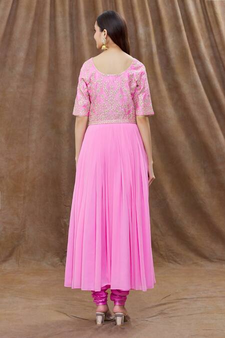 Shop Aiman Pink Silk, Georgette Embroidery, Cut Work, Gota Patti Round Pleated Anarkali Set at Aza Fashions Shop_Aiman_Pink Silk, Georgette Embroidery, Cut Work, Gota Patti Round Pleated Anarkali Set_at_Aza_Fashions