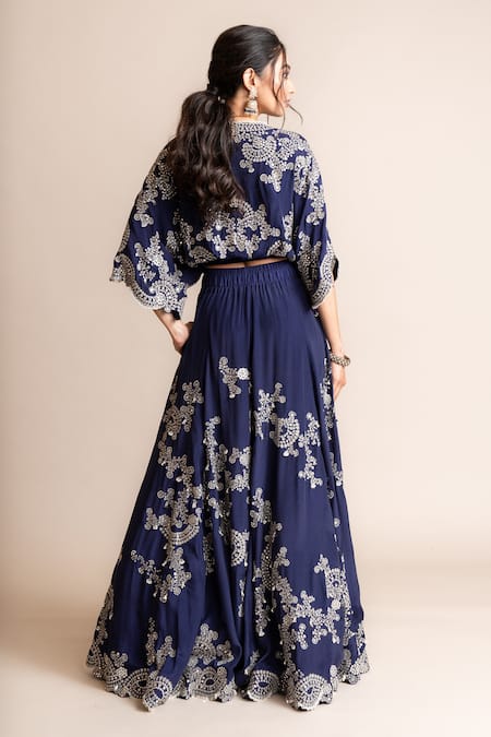 Shop_Nupur Kanoi_Blue Crepe Hand Embroidery Mirror Work V Neck Lehenga And Kaftan Top Set  _at_Aza_Fashions
