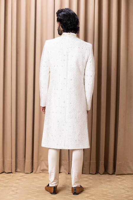 Shop_Ankit V Kapoor_Ivory Silk, Cotton Embroidery Hasan Sherwani Set With Stole _at_Aza_Fashions