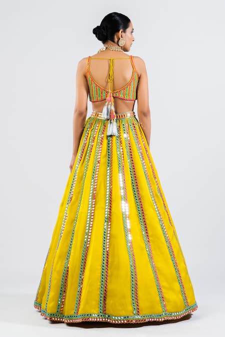 Shop Vvani By Vani Vats Green Satin, Georgette, Organza Mirrors Embroidered Stripe Pattern Lehenga Set at Aza Fashions Shop_Vvani By Vani Vats_Green Satin, Georgette, Organza Mirrors Embroidered Stripe Pattern Lehenga Set _at_Aza_Fashions