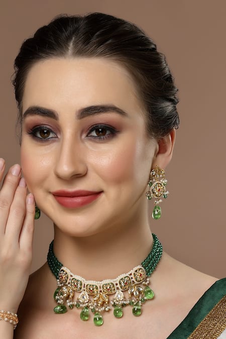 Shop Dugran By Dugristyle Green Beads, Pearls Drop Choker Set at Aza Fashions Shop_Dugran By Dugristyle_Green Beads, Pearls Drop Choker Set _at_Aza_Fashions