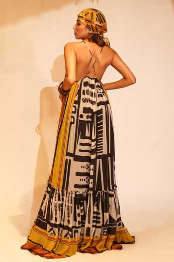 Shop Nikita Mhaisalkar Black Georgette Round Neck Aztec Print Flared Dress at Aza Fashions Shop_Nikita Mhaisalkar_Black Georgette Round Neck Aztec Print Flared Dress _at_Aza_Fashions