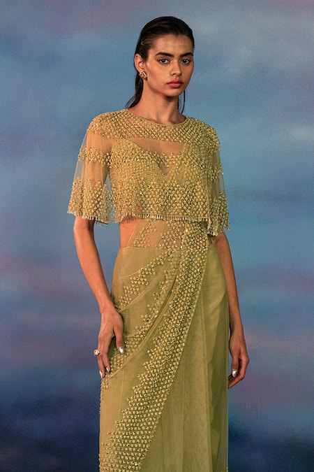 Shop Rohit Gandhi + Rahul Khanna Green Viscose Crystals, Sequins Pre-draped Peridot Embroidered Saree And Cape Set at Aza Fashions Shop_Rohit Gandhi + Rahul Khanna_Green Viscose Crystals, Sequins Pre-draped Peridot Embroidered Saree And Cape Set _at_Aza_Fashions
