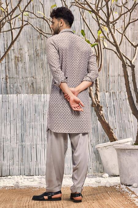 Shop Charkhee Grey Kurta Schiffli Solid Pathani And Salwar Set at Aza Fashions Shop_Charkhee_Grey Kurta Schiffli Solid Pathani And Salwar Set_at_Aza_Fashions