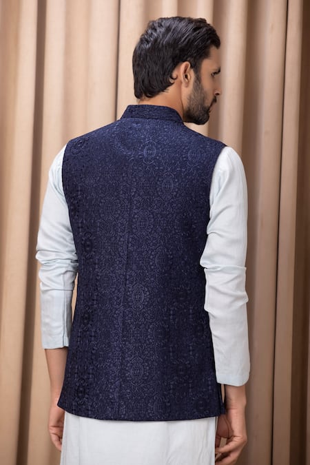 Ankit V Kapoor Navy Blue Embroidered Bundi Kurta Set 