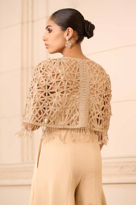 Shop Tarun Tahiliani Beige Embroidery, Crystals Sweetheart Neck Dori Short Cape With Jumpsuit at Aza Fashions Shop_Tarun Tahiliani_Beige Embroidery, Crystals Sweetheart Neck Dori Short Cape With Jumpsuit_at_Aza_Fashions