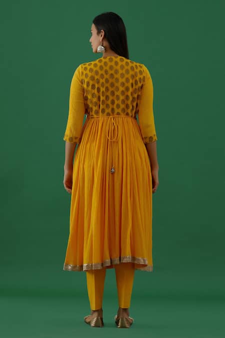 Shop_5elements_Yellow Cotton, Silk, Chiffon Brooches, Gota Patti, Embellished Anarkali Set _at_Aza_Fashions