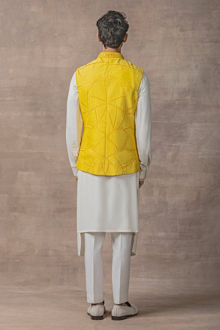 Shop Sarab Khanijou Yellow Organza, Modal Mirrors, Embroidery Thread And Work Waist Coat & Kurta Set at Aza Fashions Shop_Sarab Khanijou_Yellow Organza, Modal Mirrors, Embroidery Thread And Work Waist Coat & Kurta Set _at_Aza_Fashions