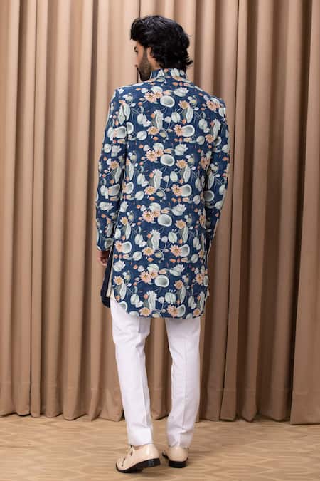 Shop Ankit V Kapoor Blue Cotton, Silk Kamal Printed Jacket Kurta With Trouser Set at Aza Fashions Shop_Ankit V Kapoor_Blue Cotton, Silk Kamal Printed Jacket Kurta With Trouser Set _at_Aza_Fashions