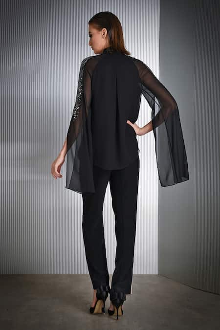 Shop Rohit Gandhi + Rahul Khanna Black Polyester Sequins Collared Cape Sleeve Top at Aza Fashions Shop_Rohit Gandhi + Rahul Khanna_Black Polyester Sequins Collared Cape Sleeve Top _at_Aza_Fashions