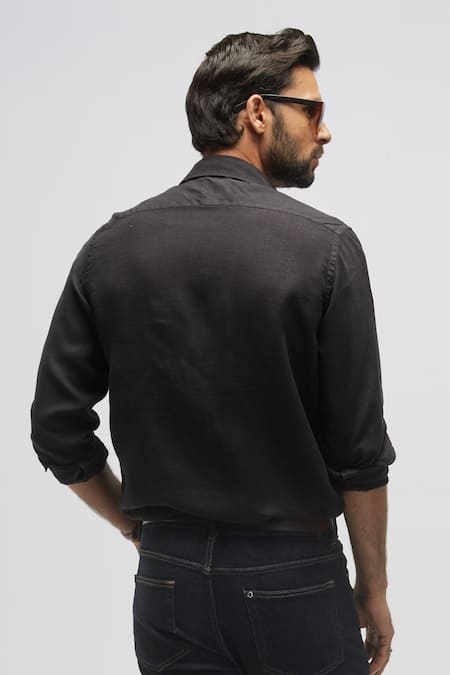 Shop Terra Luna Black 100% Linen Solid Shirt at Aza Fashions Shop_Terra Luna_Black 100% Linen Solid Shirt _at_Aza_Fashions