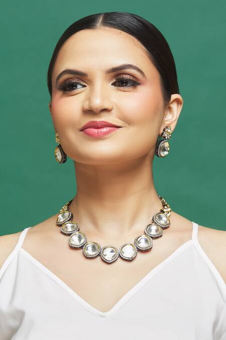 Shop Our Purple Studio Silver Plated Semi Precious Stones, American Diamond Embellished Necklace Set at Aza Fashions Shop_Our Purple Studio_Silver Plated Semi Precious Stones, American Diamond Embellished Necklace Set_at_Aza_Fashions