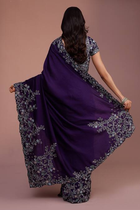 Shop_Rishi And Soujit_Purple Saree Tussar And Blouse Raw Cutwork Border With _at_Aza_Fashions