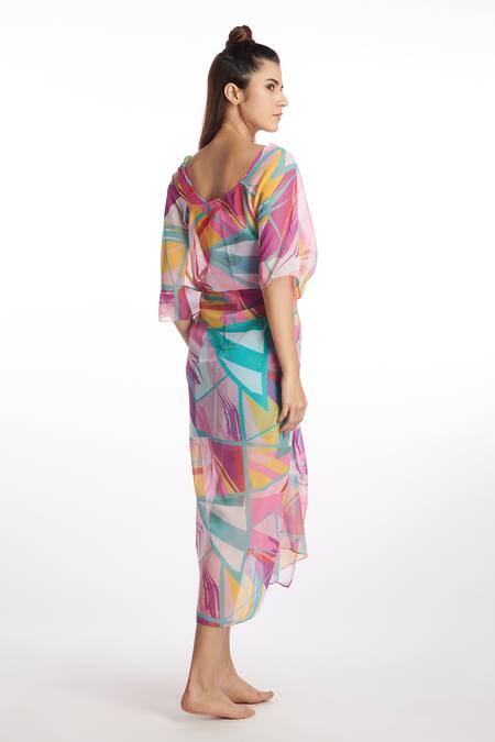 Shop_Kai Resortwear_Pink Georgette One Shoulder Geometric Print Kaftan Cover Up _at_Aza_Fashions