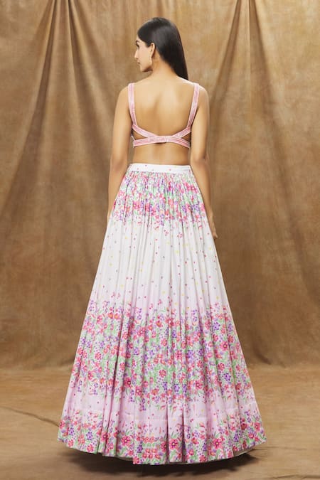 Shop Label Priyanka Kar Pink Cotton, Linen Embroidery, Tassels Sweetheart Neck Floral Lehenga Set at Aza Fashions Shop_Label Priyanka Kar_Pink Cotton, Linen Embroidery, Tassels Sweetheart Neck Floral Lehenga Set _at_Aza_Fashions