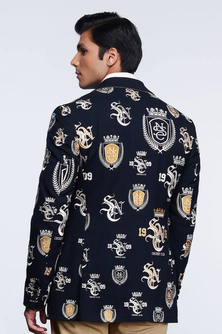 Shop_S&N by Shantnu Nikhil_Blue Viscose, Polyester, Faux Leather Embroidery Sncc Logos Embellished Jacket _at_Aza_Fashions