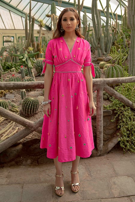 Shop Kacha Tanka Pink Silk Embroidery V-neck Hand Danka Work Midi Dress at Aza Fashions Shop_Kacha Tanka_Pink Silk Embroidery V-neck Hand Danka Work Midi Dress _at_Aza_Fashions