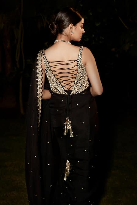 Shop_Matsya_Black Silk, Organza, Georgette Sequins, The Royal Noir Saree With Blouse _at_Aza_Fashions