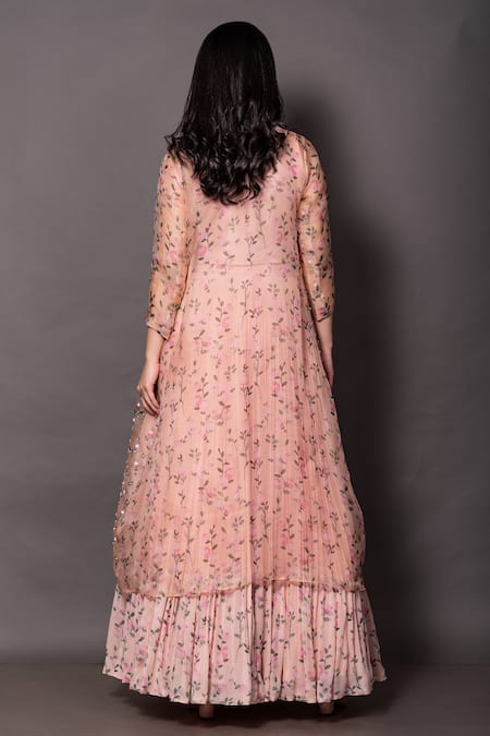 Shop Vara By Vibha N Priti Peach Chiffon, Organza Embroidery, Pleated Lehenga Floral Print Jacket Set at Aza Fashions Shop_Vara By Vibha N Priti_Peach Chiffon, Organza Embroidery, Pleated Lehenga Floral Print Jacket Set _at_Aza_Fashions