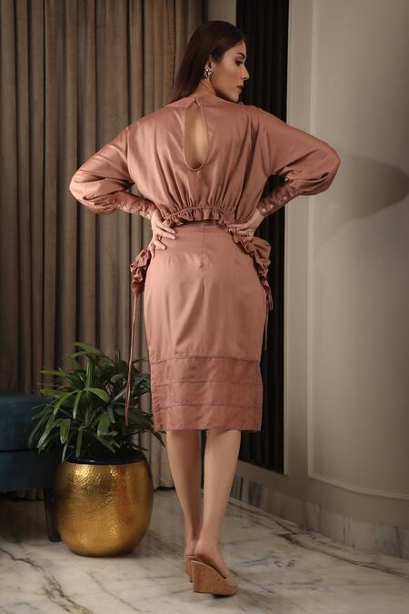 Shop_Omana By Ranjana Bothra_Brown Modal Embroidery, Brooches Crew Neck Coffee Ruched Top And Skirt Co-ord Set _at_Aza_Fashions