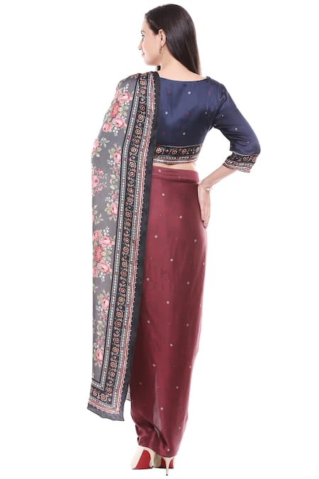 Shop Soup By Sougat Paul Black Satin Round Printed Draped Skirt Set at Aza Fashions Shop_Soup By Sougat Paul_Black Satin Round Printed Draped Skirt Set _at_Aza_Fashions