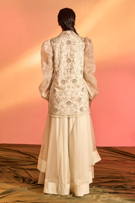 Shop_J By Jannat_Ivory Modal Satin Hand Embroidered Floral Jacket  Shawl Lapel With Skirt Set _at_Aza_Fashions