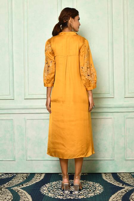 Shop Aryavir Malhotra Yellow Modal Satin Cutwork Sequins Lapel Collar Lotus Long Tunic at Aza Fashions Shop_Aryavir Malhotra_Yellow Modal Satin Cutwork Sequins Lapel Collar Lotus Long Tunic_at_Aza_Fashions