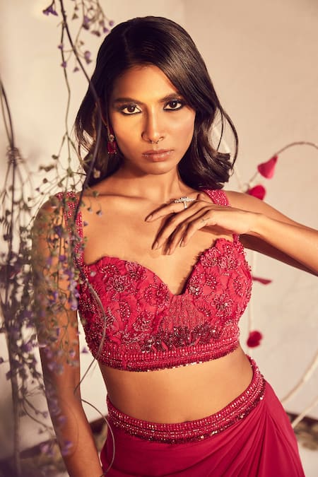 Shop_Babita Malkani_Pink Tulle, Crepe, Georgette Sequins, Crystals, Floral Top And Layered Lehenga Set _at_Aza_Fashions