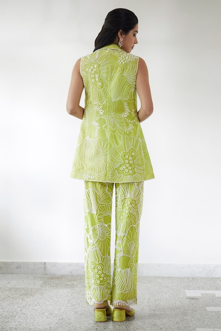 Shop_Mishru_Green Organza Embroidery, Crystals, Beads Square Neck Lesly Blazer Pant Set _at_Aza_Fashions