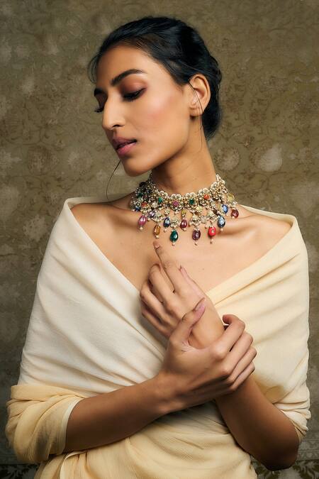 Shop_Tarun Tahiliani_Multi Color Navrattan Embellished Choker_at_Aza_Fashions