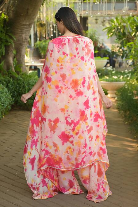 Shop_Disha Kahai_Multi Color Crepe Gota Patti Square Neck Tie-dye Pattern Cape Palazzo Set_at_Aza_Fashions