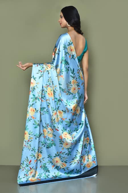 Shop Samyukta Singhania Blue Satin, Crepe Flora Printed Saree at Aza Fashions Shop_Samyukta Singhania_Blue Satin, Crepe Flora Printed Saree_at_Aza_Fashions