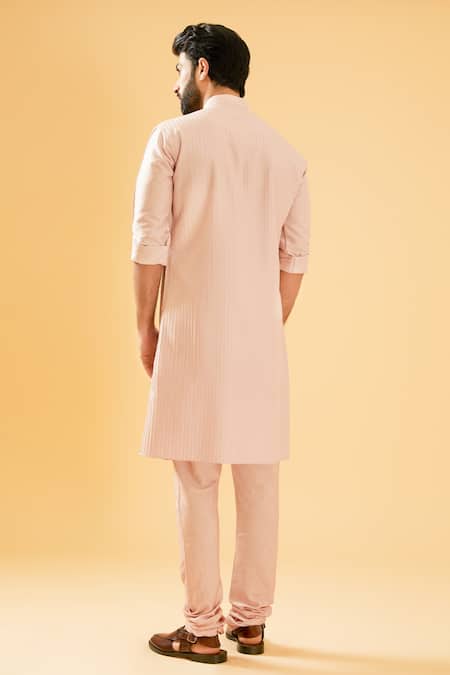 Shop Raghavendra Rathore Blue Pink Silk Half Button Down Pleated Kurta at Aza Fashions Shop_Raghavendra Rathore Blue_Pink Silk Half Button Down Pleated Kurta _at_Aza_Fashions