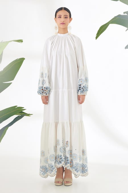 Shop Nikasha Ivory Cotton Poplin Mirror Round High Neck Schiffli Tiered Dress at Aza Fashions Shop_Nikasha_Ivory Cotton Poplin Mirror Round High Neck Schiffli Tiered Dress _at_Aza_Fashions