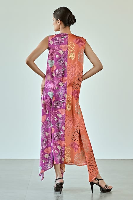Shop K-Anshika Orange Satin V-neck Abstract Print Two Tone Dress at Aza Fashions Shop_K-Anshika_Orange Satin V-neck Abstract Print Two Tone Dress _at_Aza_Fashions