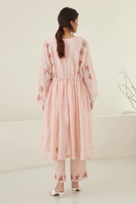 Shop Cotton And Clay Pink Silk, Modal Embroidery Open Neck Hand Block Print Kurta Trouser Set at Aza Fashions Shop_Cotton And Clay_Pink Silk, Modal Embroidery Open Neck Hand Block Print Kurta Trouser Set _at_Aza_Fashions