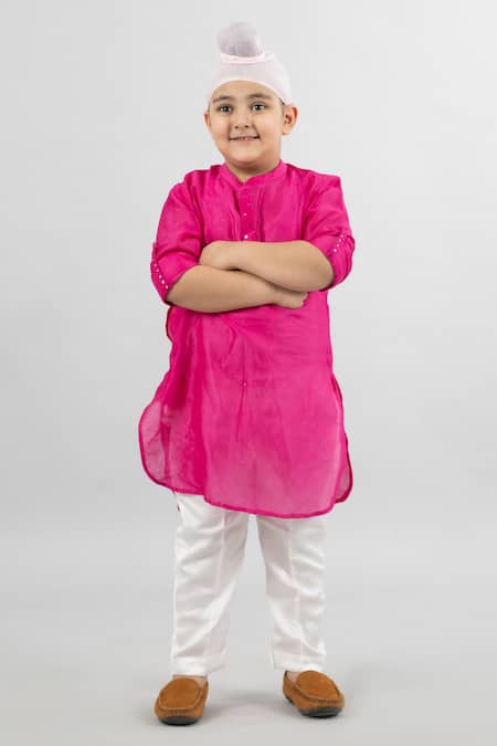 Shop Darleen Kids Couture Magenta Chanderi Mirrors Band Collar Kurta at Aza Fashions Shop_Darleen Kids Couture_Magenta Chanderi Mirrors Band Collar Kurta _at_Aza_Fashions