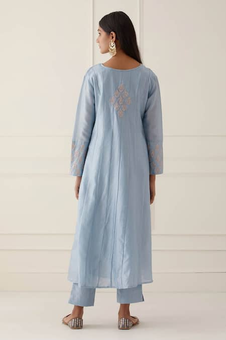 Shop Kamaltaas Blue Chanderi Silk, Lining Mulmul Pittan Work Yoke Embroidered Anarkali Set at Aza Fashions Shop_Kamaltaas_Blue Chanderi Silk, Lining Mulmul Pittan Work Yoke Embroidered Anarkali Set _at_Aza_Fashions