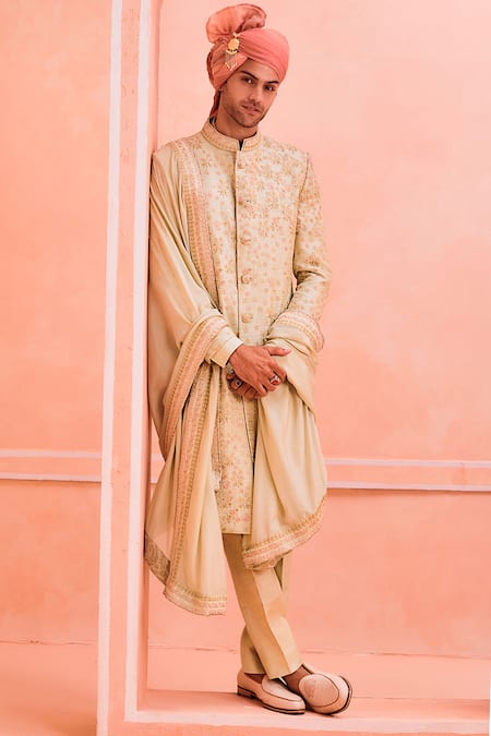 Philocaly Gulshan Periwinkle Flower Embroidered Sherwani Set 