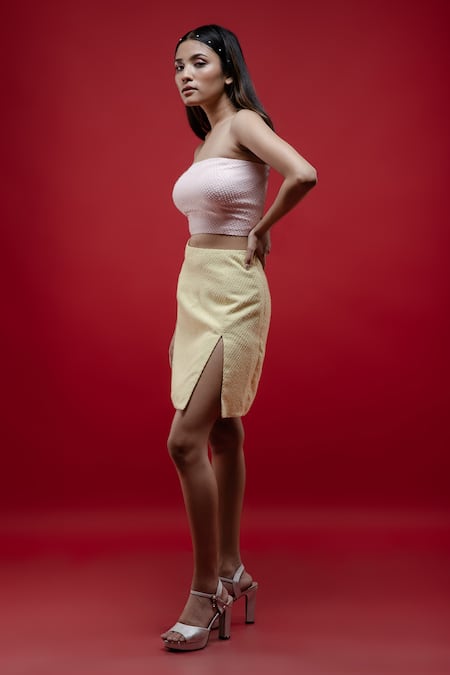 Shop Pocket Stories Pink Georgette Embroidery Square Neck Color Block Top And Skirt Dress at Aza Fashions Shop_Pocket Stories_Pink Georgette Embroidery Square Neck Color Block Top And Skirt Dress _at_Aza_Fashions