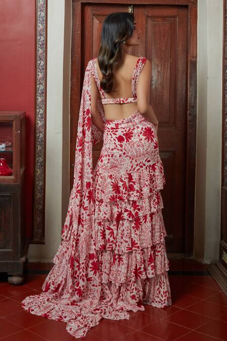 Shop Arpita Mehta Beige Georgette Embroidery V-neck Garden Print Ruffle Pre-draped Saree Set at Aza Fashions Shop_Arpita Mehta_Beige Georgette Embroidery V-neck Garden Print Ruffle Pre-draped Saree Set_at_Aza_Fashions