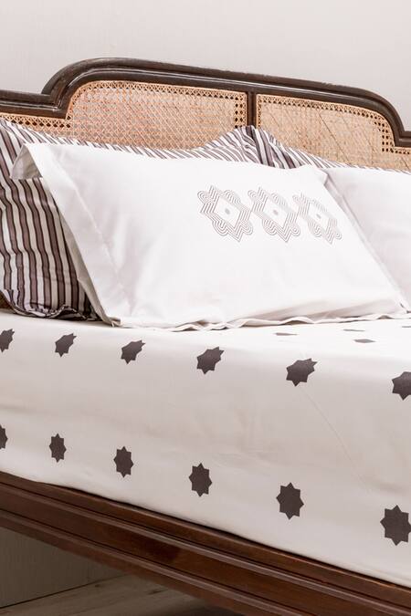 Shop Kyoona Grey 100% Cotton Printed The Iktara Bedsheet Set at Aza Fashions Shop_Kyoona_Grey 100% Cotton Printed The Iktara Bedsheet Set_at_Aza_Fashions