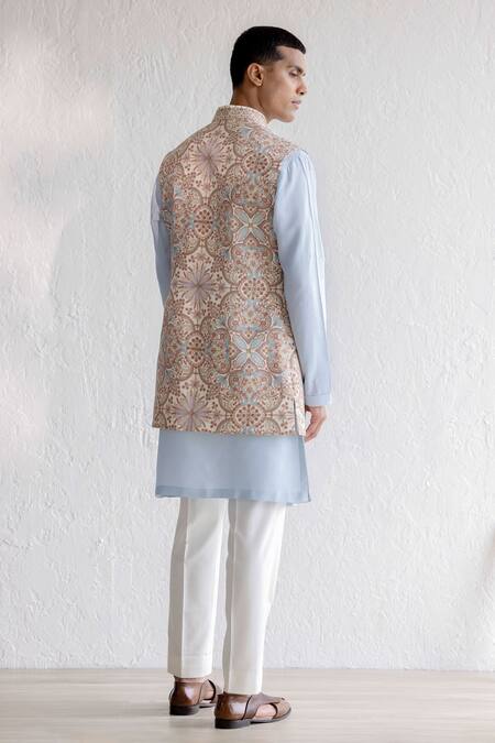 Shop_Qbik_Blue Silk, Viscose, Wool Embroidery Kashmiri Nehru Jacket And Kurta Set_at_Aza_Fashions