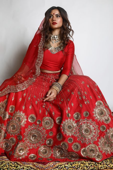 Shop Mona And Vishu Red Dupatta Organza, Lehenga And Blouse Dupion Silk Hand Embroidered Set at Aza Fashions Shop_Mona And Vishu_Red Dupatta Organza, Lehenga And Blouse Dupion Silk Hand Embroidered Set _at_Aza_Fashions