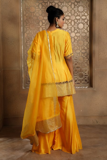 Shop Omana By Ranjana Bothra Yellow Cotton, Silk, Organza Gota Patti, Embroidery Noor Placement Kurta Set at Aza Fashions Shop_Omana By Ranjana Bothra_Yellow Cotton, Silk, Organza Gota Patti, Embroidery Noor Placement Kurta Set _at_Aza_Fashions