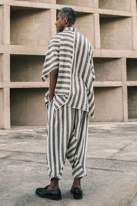 Shop_Urvashi Kaur_Black Handspun Cotton Stripe Luz Pattern Dhoti Salwar  _at_Aza_Fashions